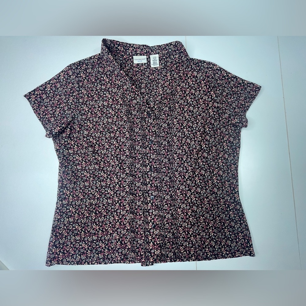 Beautiful Spring Button Front Black & Pink Floral Blouse by Covington sz Large